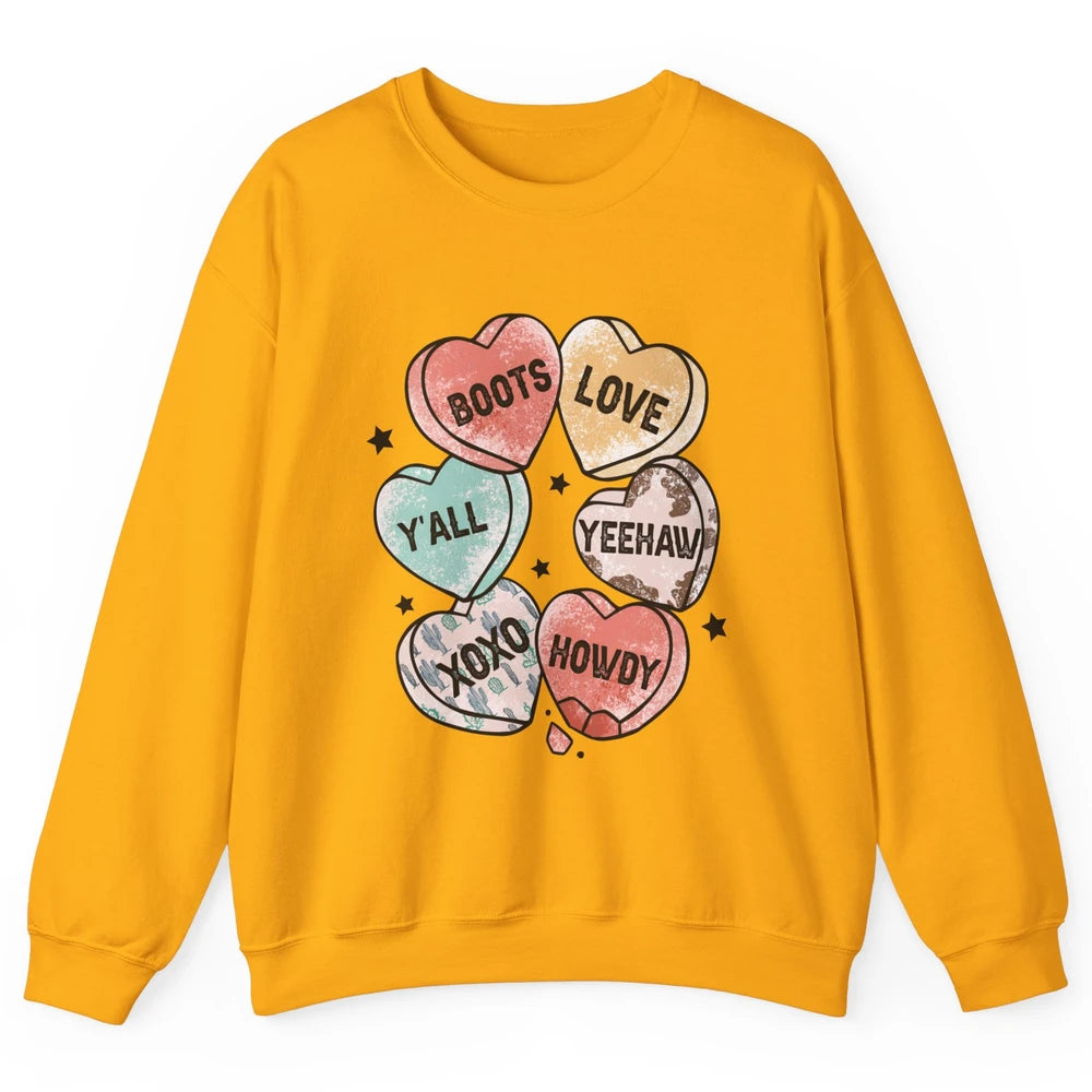 XOXO Love Cowboy Boots Howdy Cowgirl Hearts Western Country Happy Valentine's Day Yeehaw Vintage Cactus Unisex Crewneck Sweatshirt