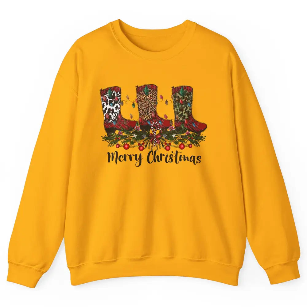 Christmas Cowboy Boots Santa Boots Leopard Western Christmas Unisex Crewneck Sweatshirt