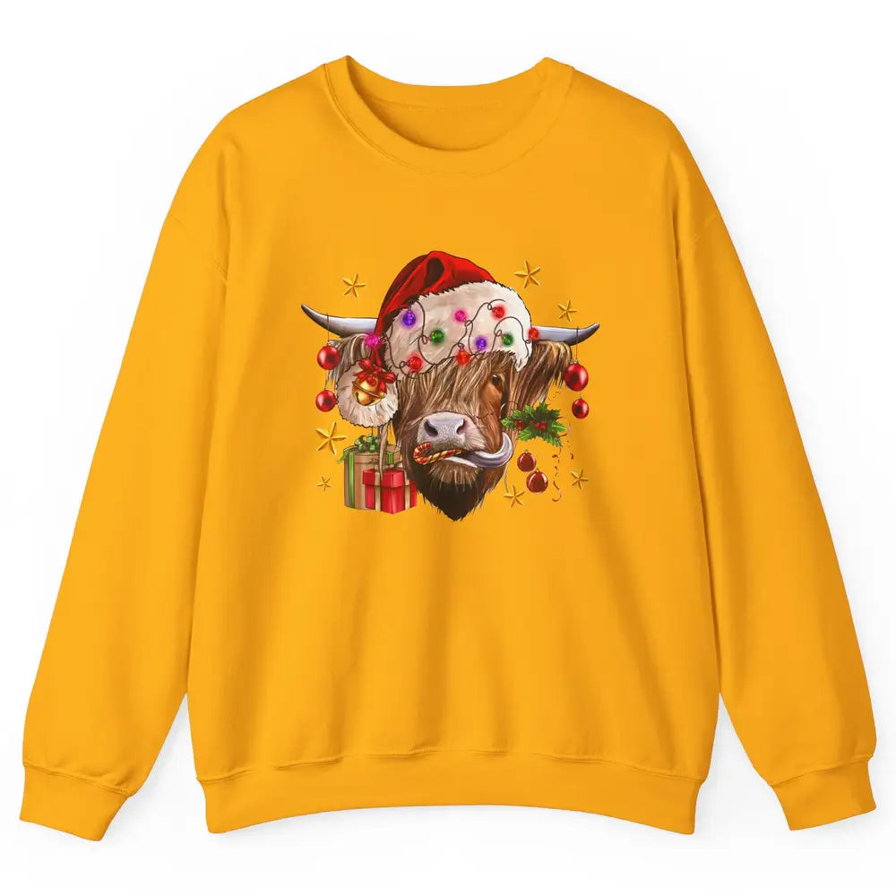 Highland Cow Joy Santa Hat Christmas Ornament Western Farm Unisex Crewneck Sweatshirt