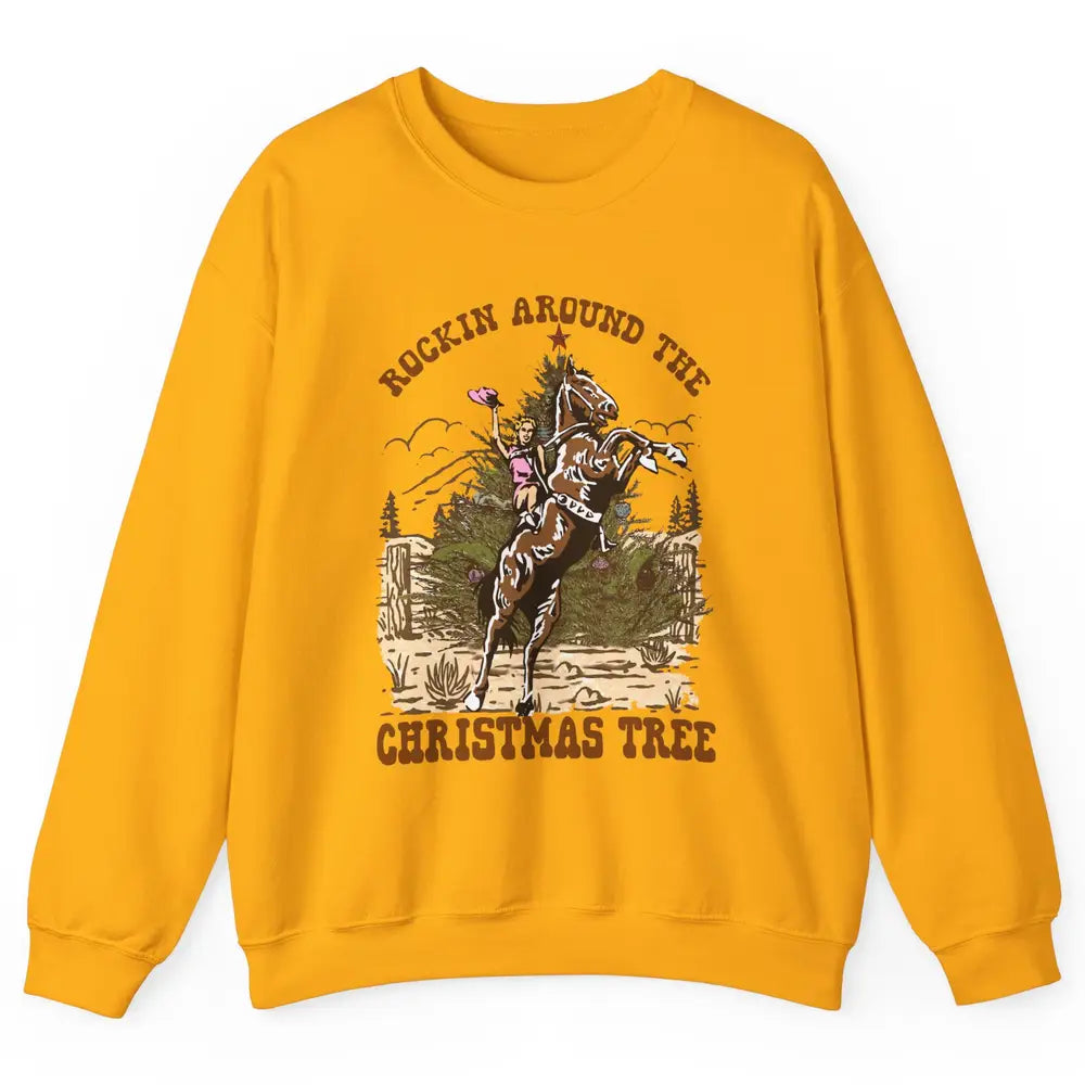 Funny Cowgirl Horsing Rocking Around Christmas Tree Western Unisex Crewneck Sweatshirt