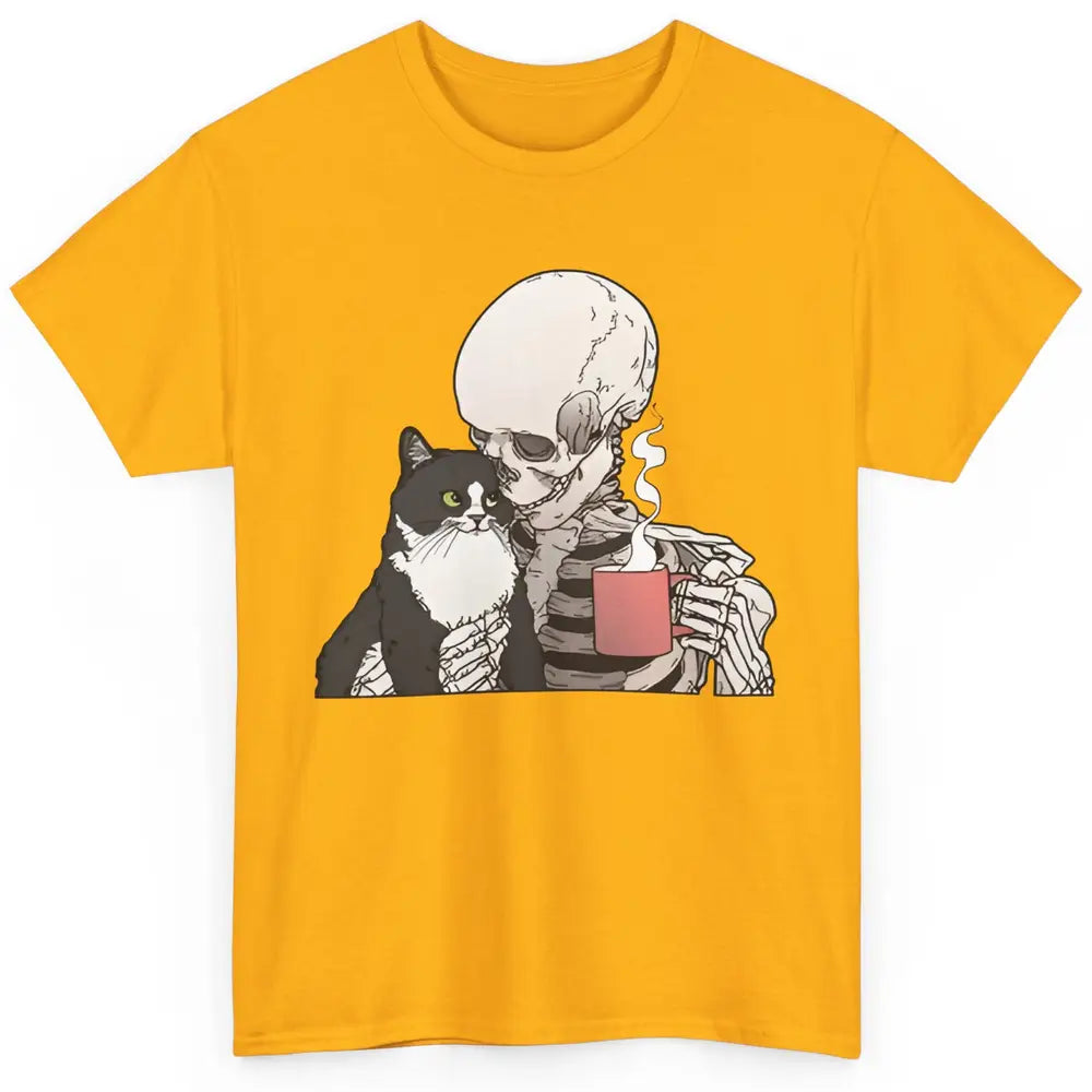 Funny Cat And Skeleton Drinking Coffee Best Friend Cat Lover Classic Unisex T-Shirt