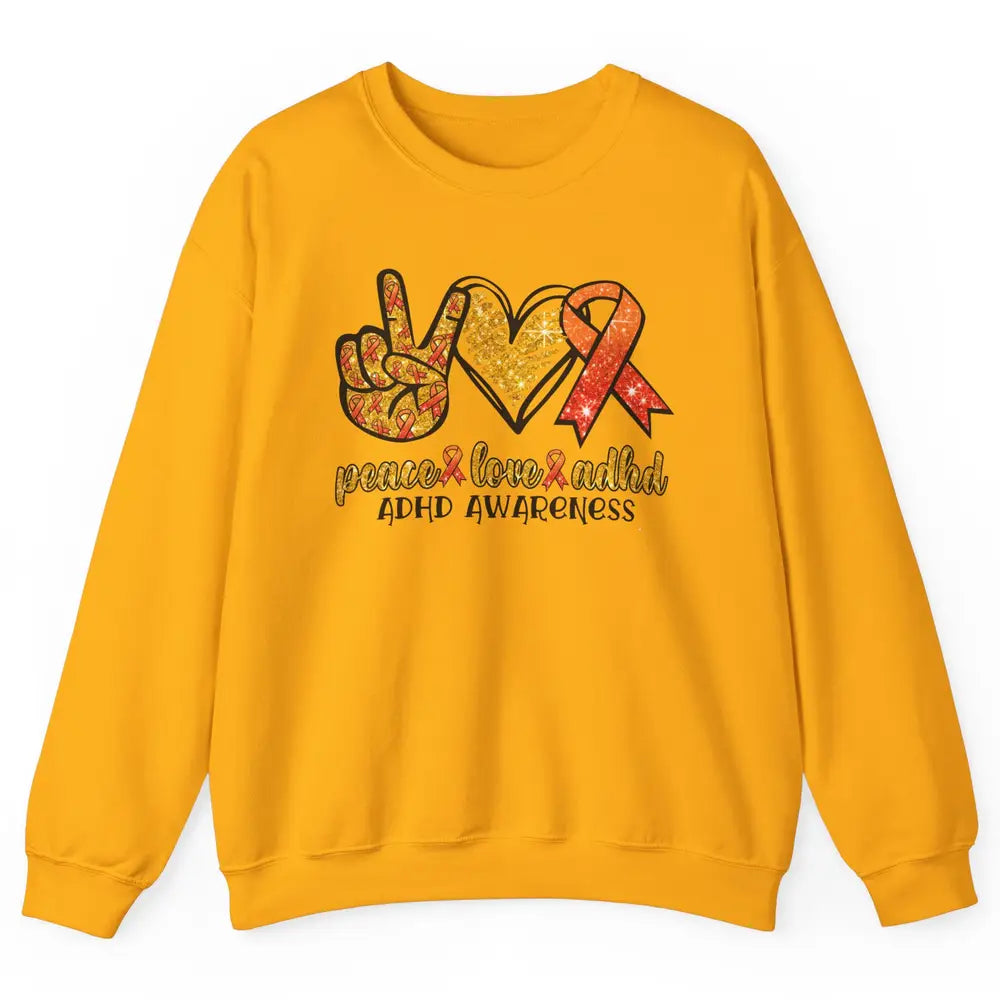 ADHD Awareness Month Peace Love ADHD Orange Ribbon Unisex Crewneck Sweatshirt