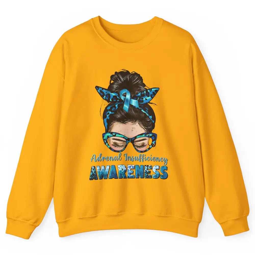 Adrenal Insufficiency Awareness Messy Bun Mom Blue Ribbon Unisex Crewneck Sweatshirt