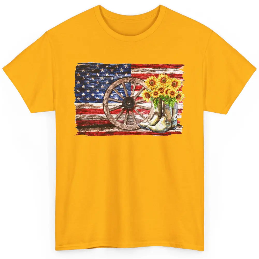 Retro US Flag Sunflower Cowgirl Boots Texas Cowboy Western Classic Unisex T-Shirt