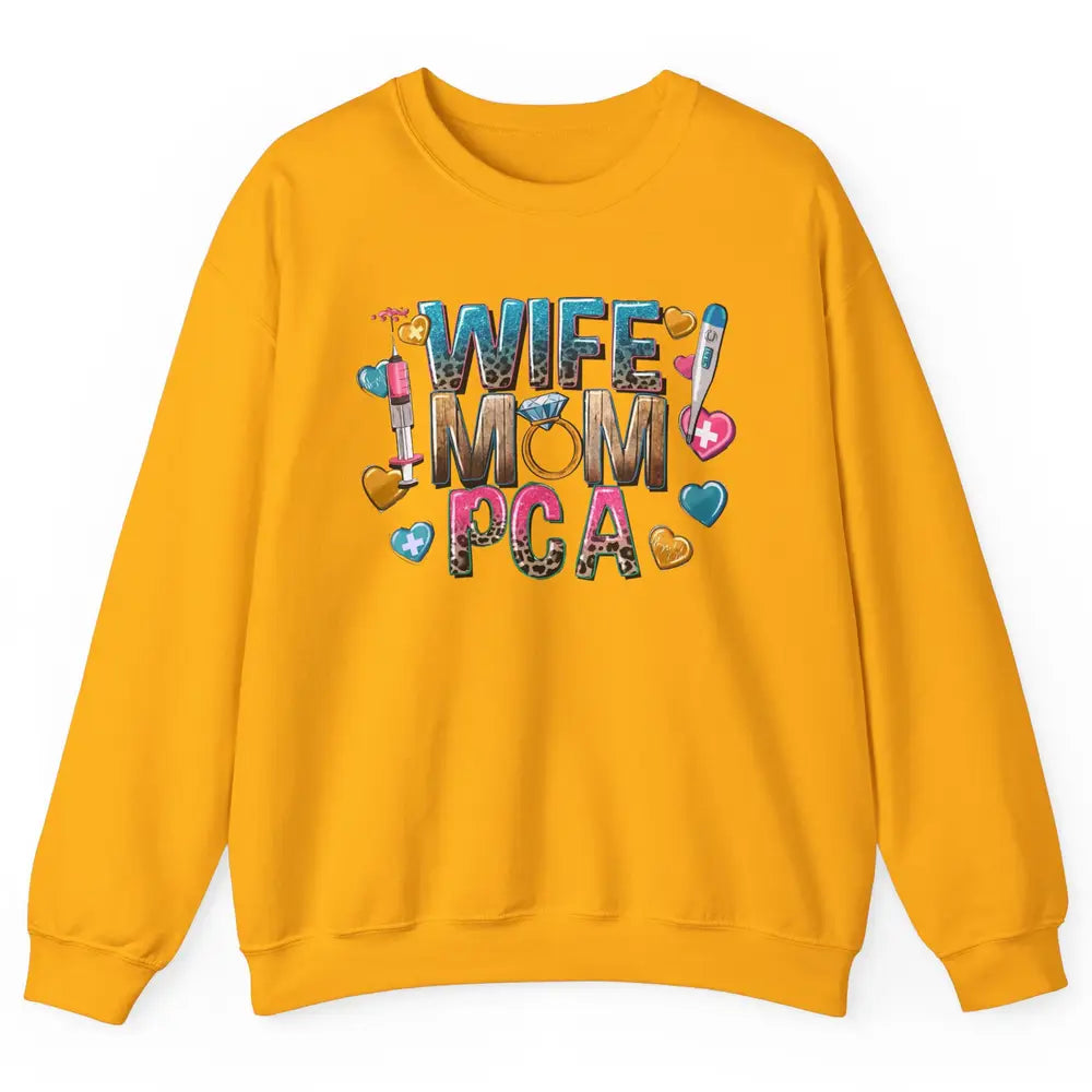 Wife Mom PCA Leopard Heart Western PCA Valentines Day Nurse Unisex Crewneck Sweatshirt