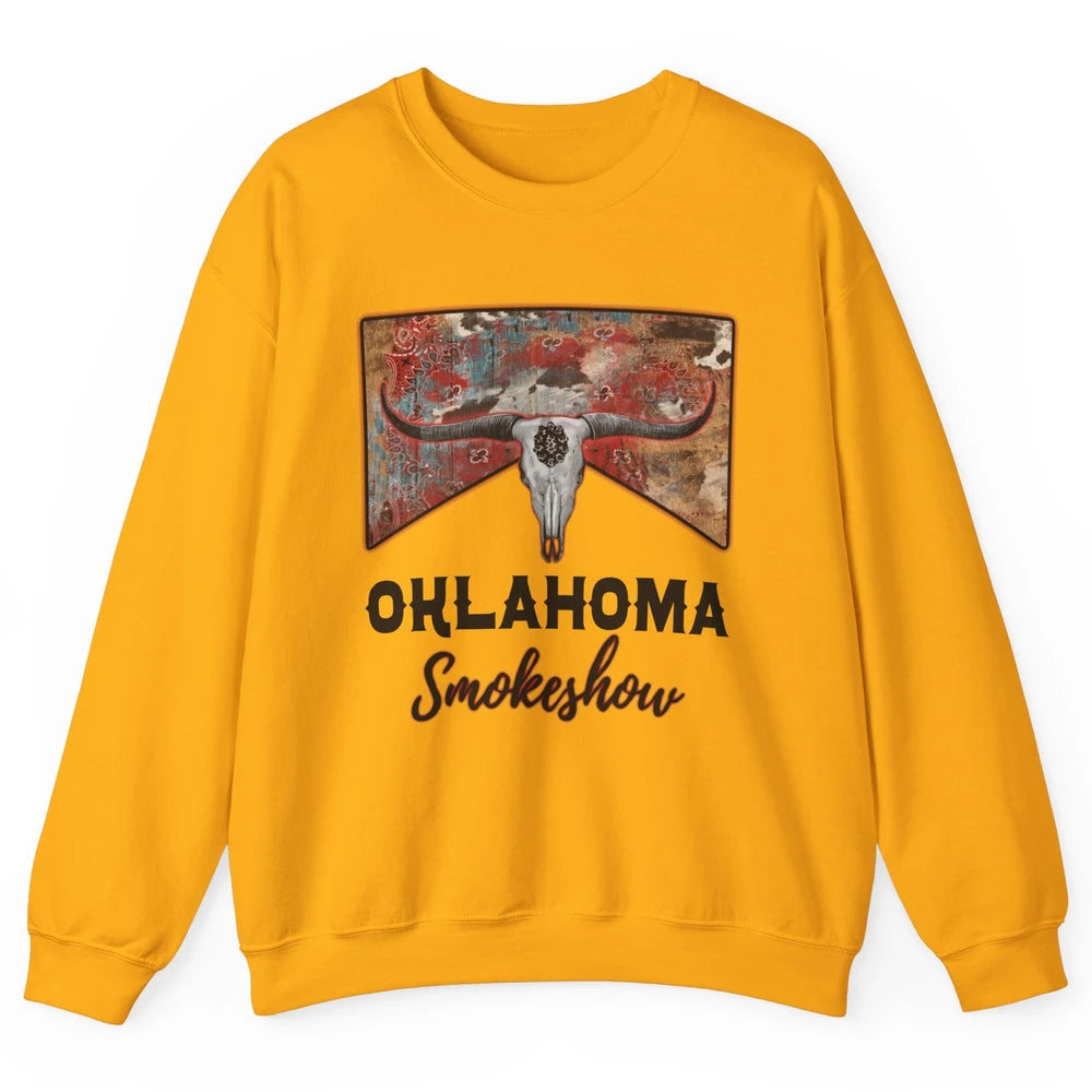 Boho Bull Skull Cow Print Oklahoma Smokeshow Western Country Unisex Crewneck Sweatshirt