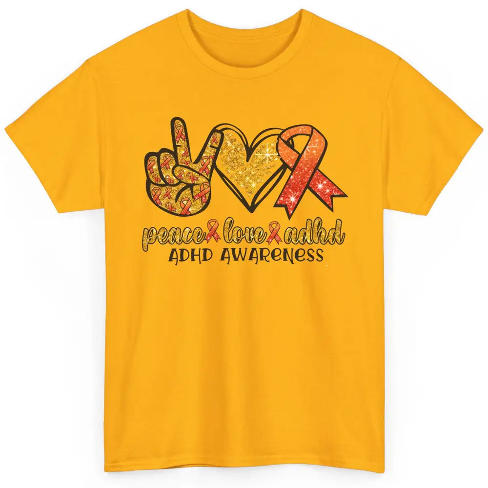 ADHD Awareness Month Peace Love ADHD Orange Ribbon Classic Unisex T-Shirt