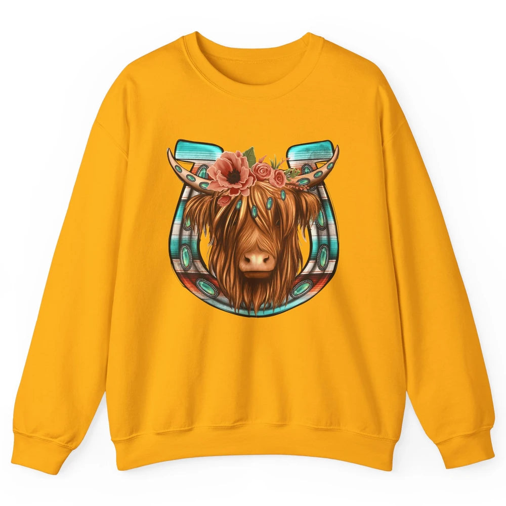 Floral Highland Cow Heifer Horseshoe Western Country Cowboy Unisex Crewneck Sweatshirt