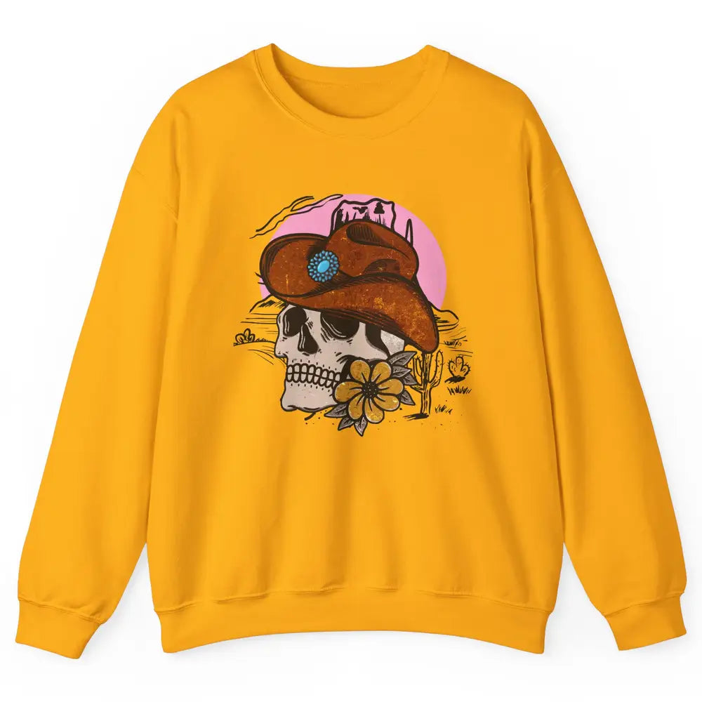 Skull Desert Cactus Cowboy Gemstone Hat Western Country Girl Unisex Crewneck Sweatshirt