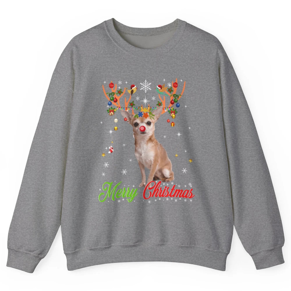 Merry Christmas Chihuahua Dog Santa Hat Xmas Reindeer Lights Unisex Crewneck Sweatshirt