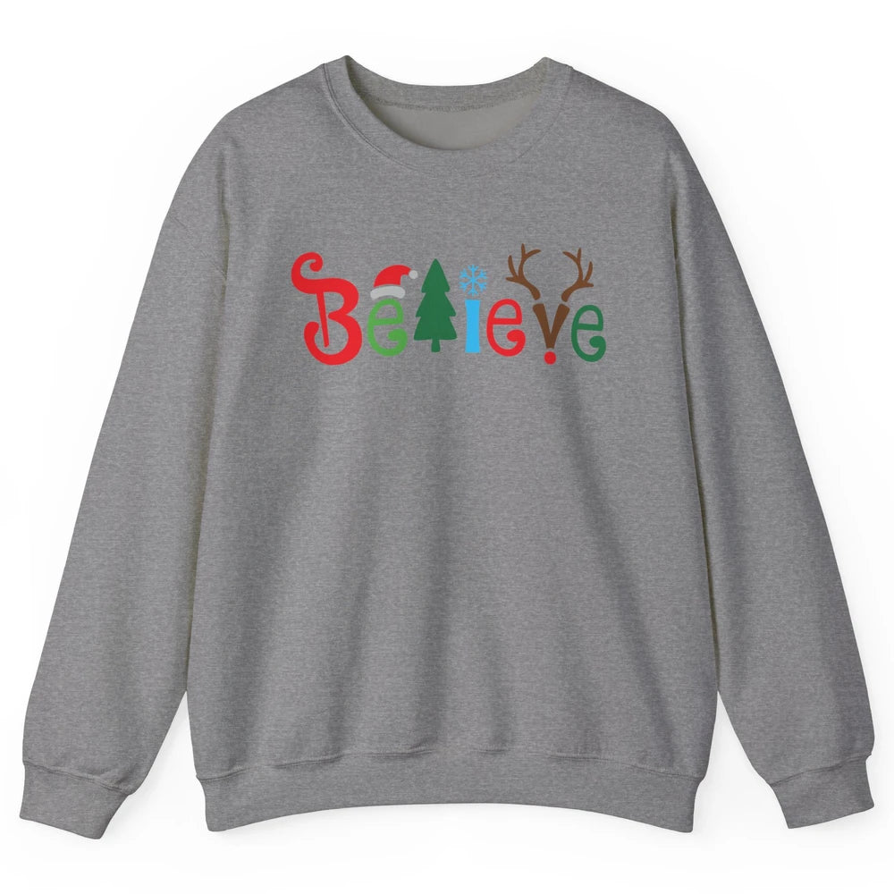 Funny Santa Claus Hat Believe Snowflakes Christmas Costume Unisex Crewneck Sweatshirt