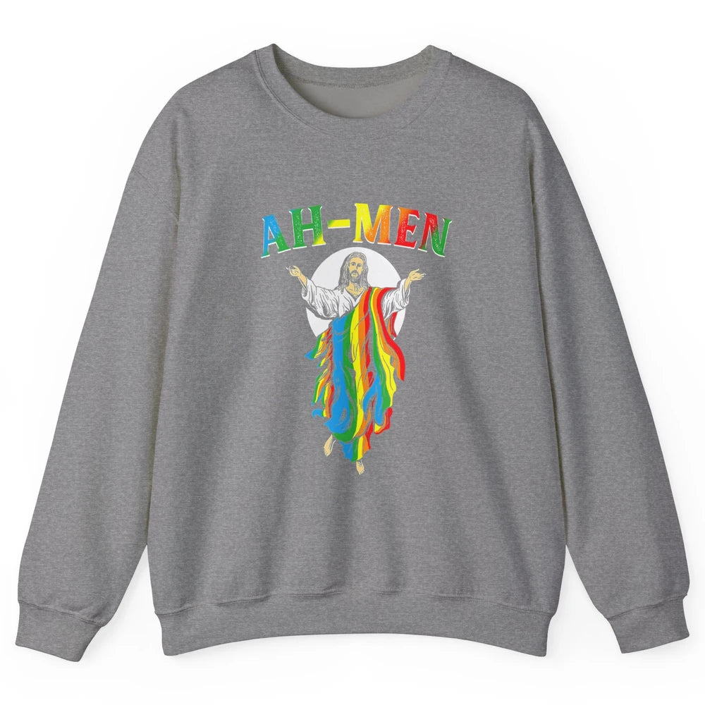 Ah Men LGBT Gay Pride Jesus Christian God Rainbow Flag Love Unisex Crewneck Sweatshirt