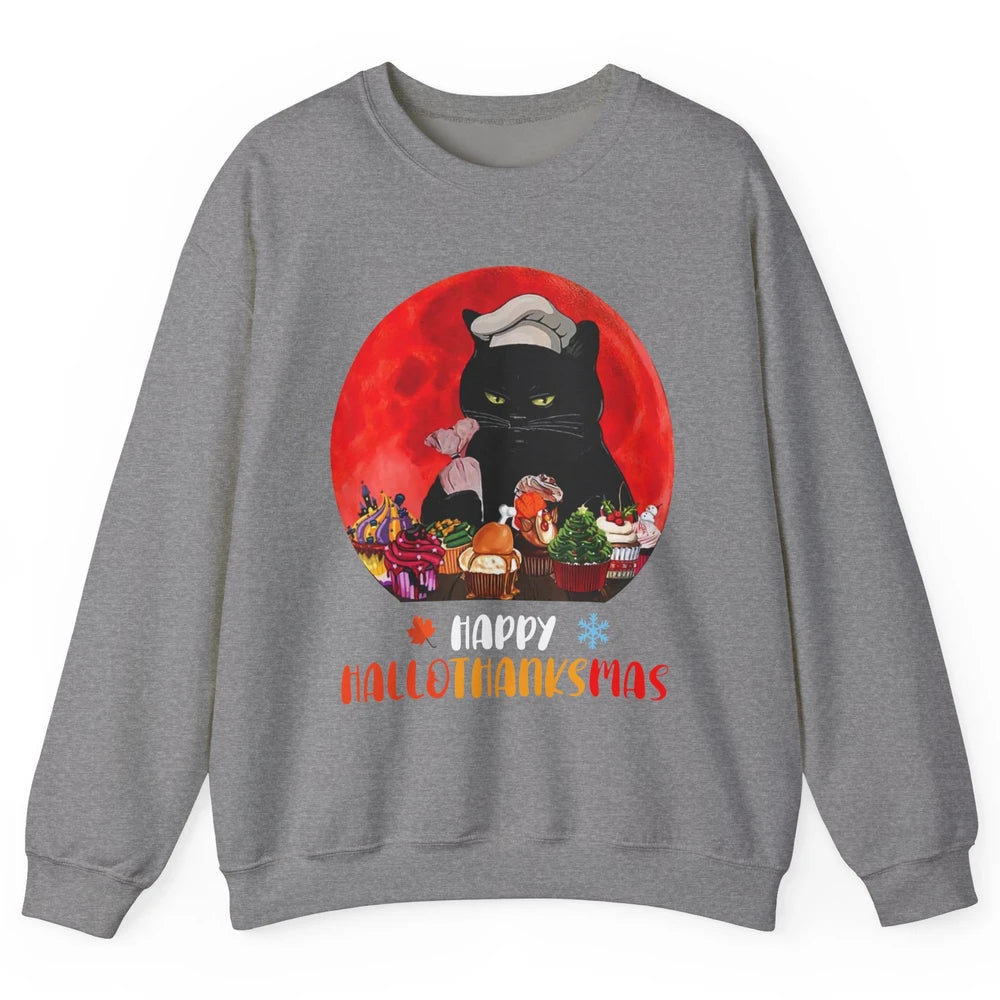 Black Cat Happy Hallothanksmas Baker Cat Halloween Christmas Unisex Crewneck Sweatshirt