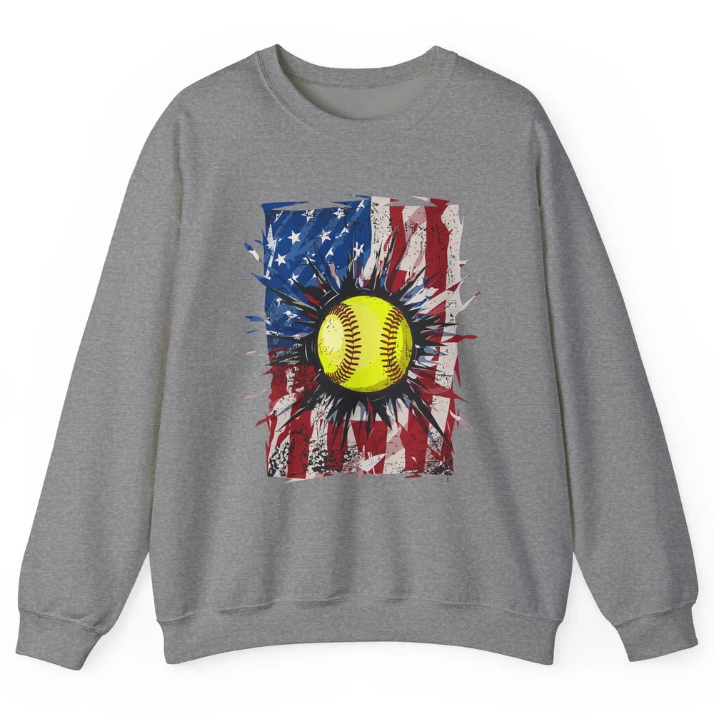 Retro US Flag Softball July 4th Baseball Players Patriotic Unisex Crewneck Sweatshirt