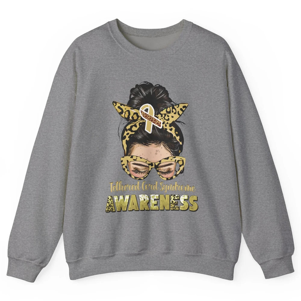 Tethered Cord Syndrome Ribbon Leopard Messy Bun Mom Glasses Unisex Crewneck Sweatshirt