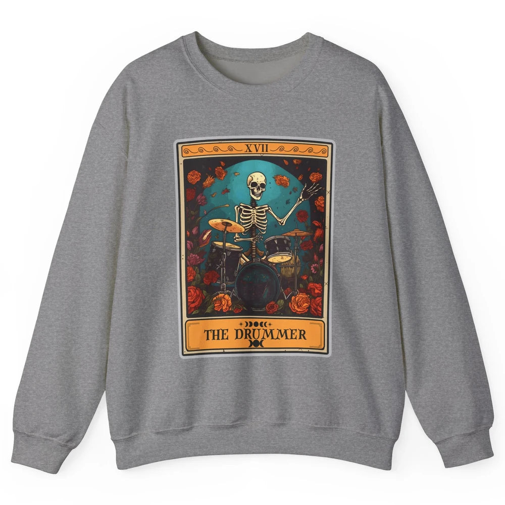 Retro Skeleton The Drummer Tarot Card Halloween Drumming Unisex Crewneck Sweatshirt