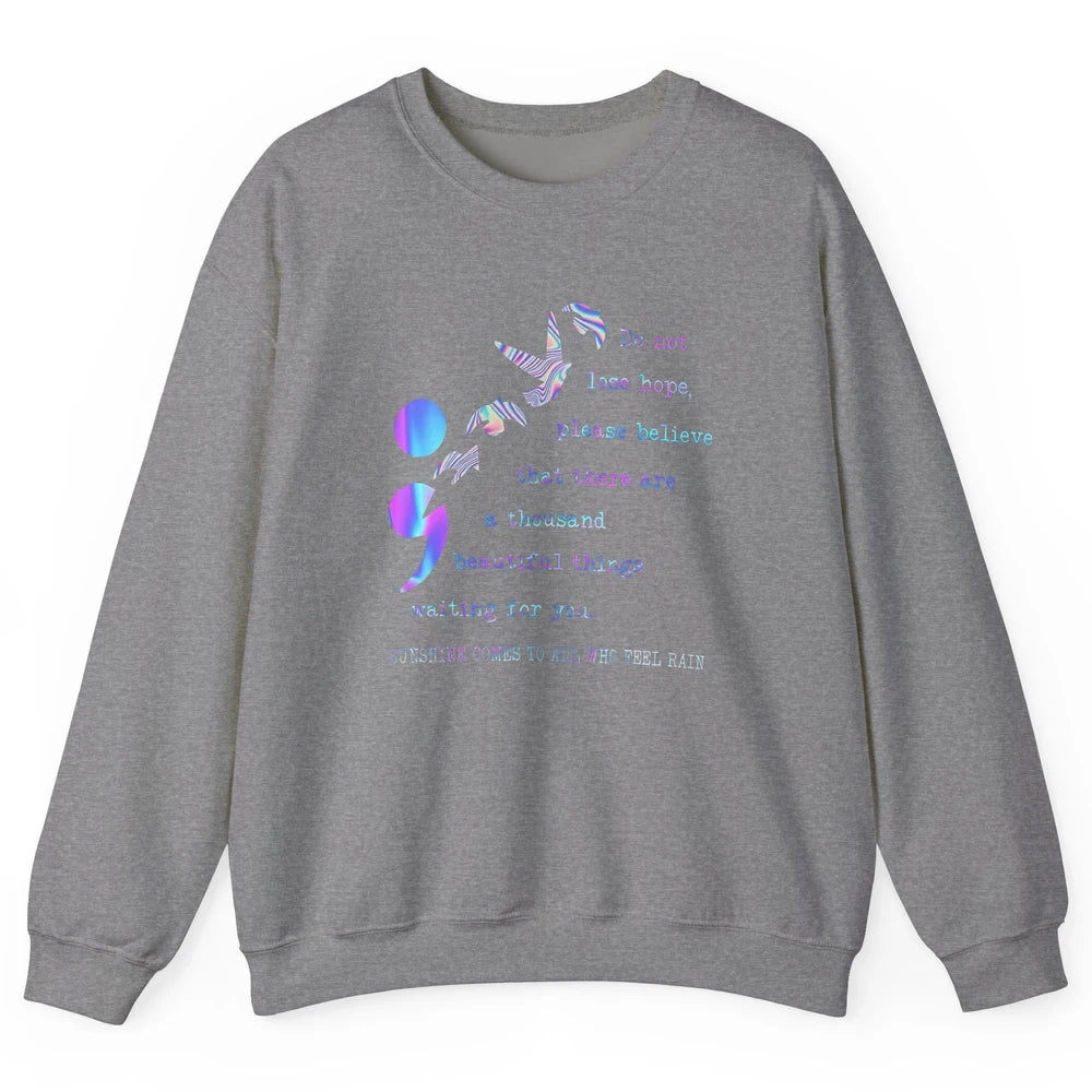 Semicolon Turquoise Ribbon Bird Suicide Prevention Month Unisex Crewneck Sweatshirt