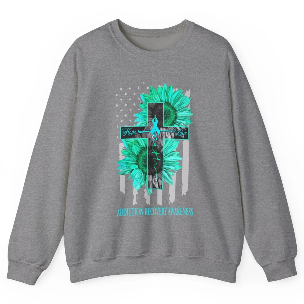 Addiction Recovery Faith Hope Love Teal US Flag Jesus Cross Unisex Crewneck Sweatshirt