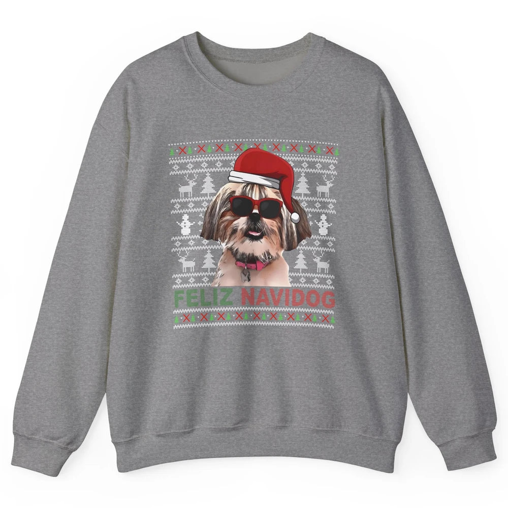 Funny Santa Shih Tzu Dog Feliz Navidog Christmas Tree Ugly Unisex Crewneck Sweatshirt