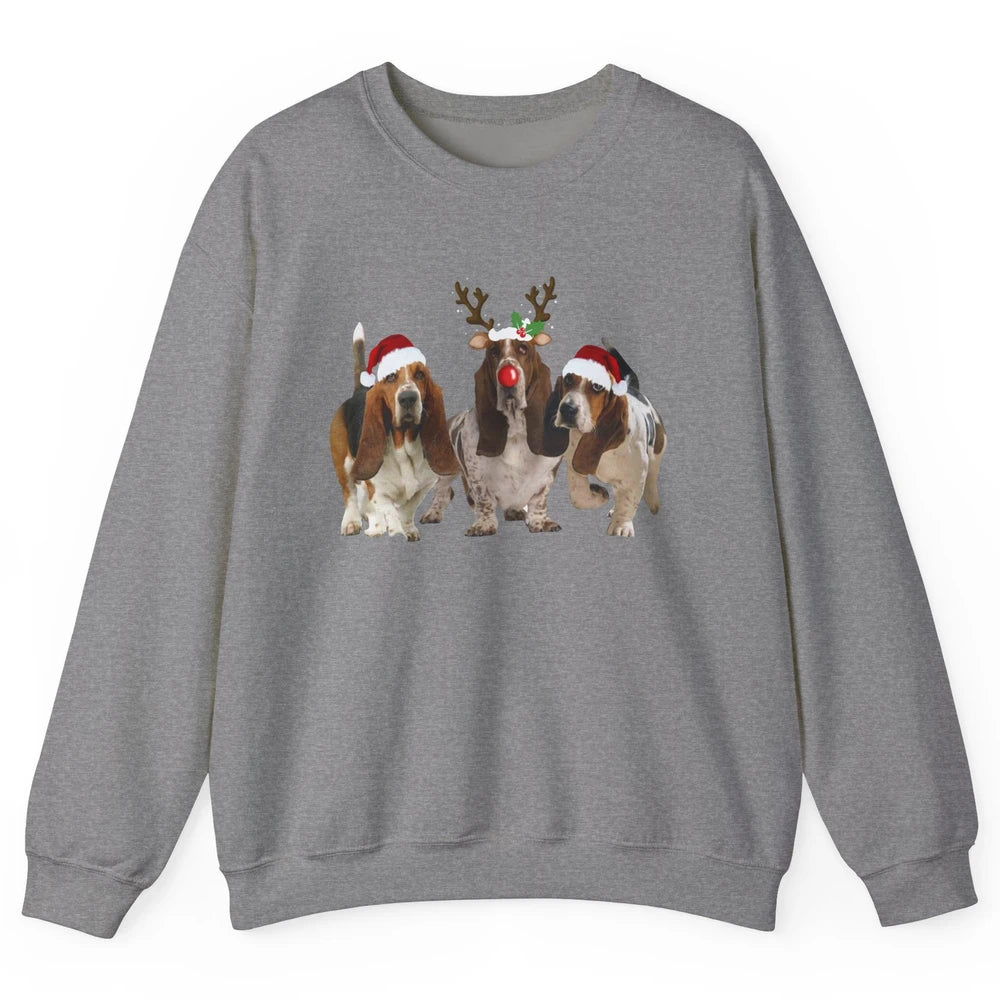 Basset Hound Santa Hats And Reindeer Horns Christmas Dog Mom Unisex Crewneck Sweatshirt