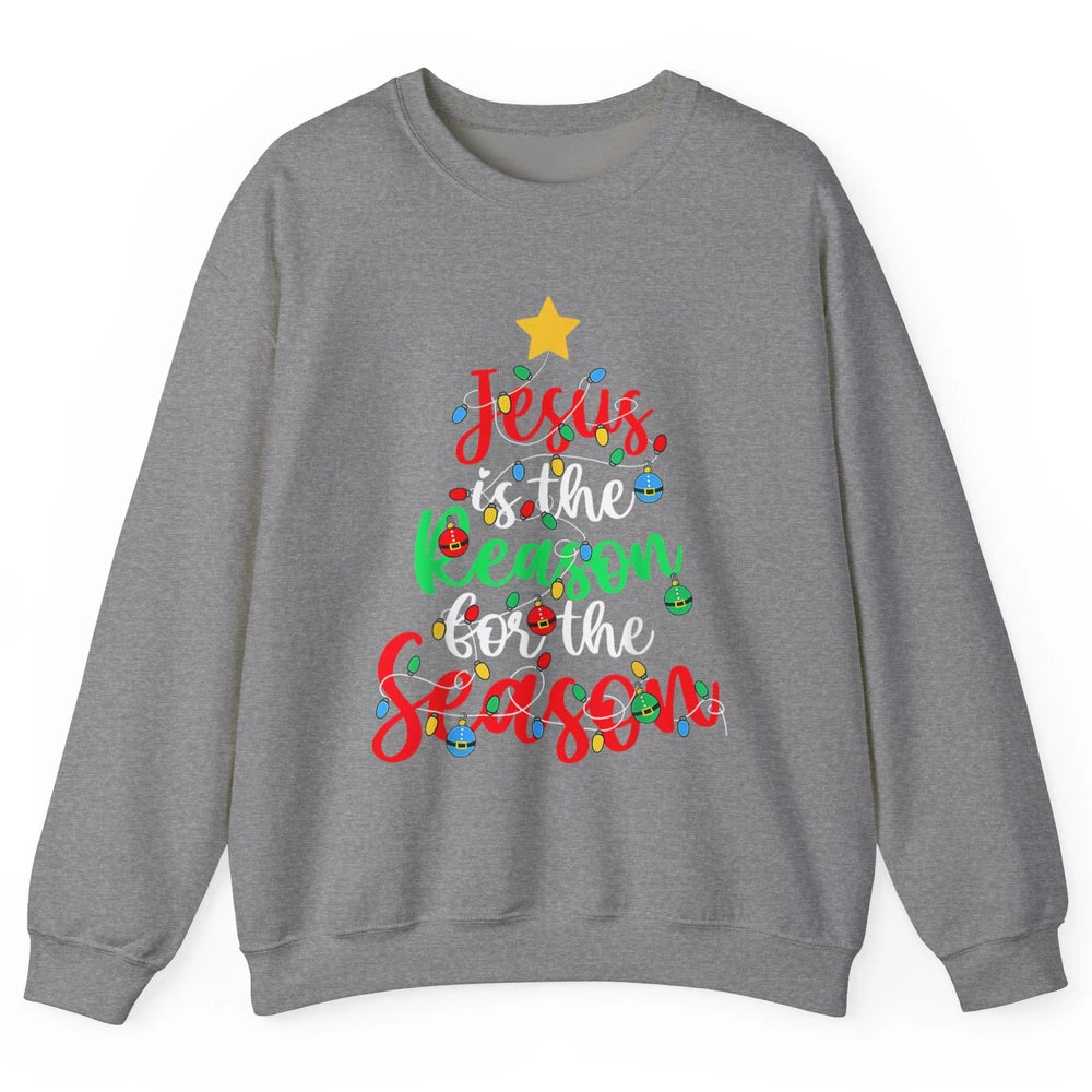 Merry Christmas Jesus The Reason For Season Xmas Tree Lights Unisex Crewneck Sweatshirt