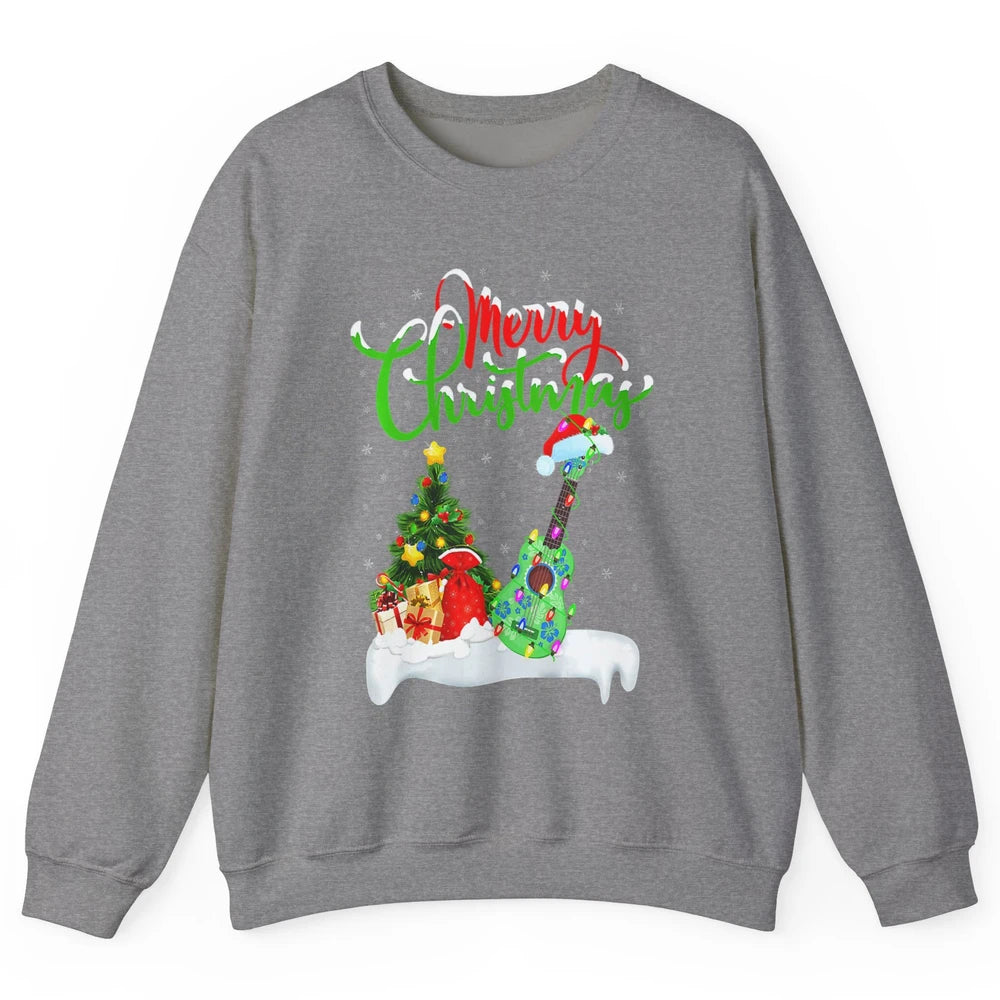 Merry Christmas Funny Ukulele Xmas Lights Santa Hat Music Unisex Crewneck Sweatshirt