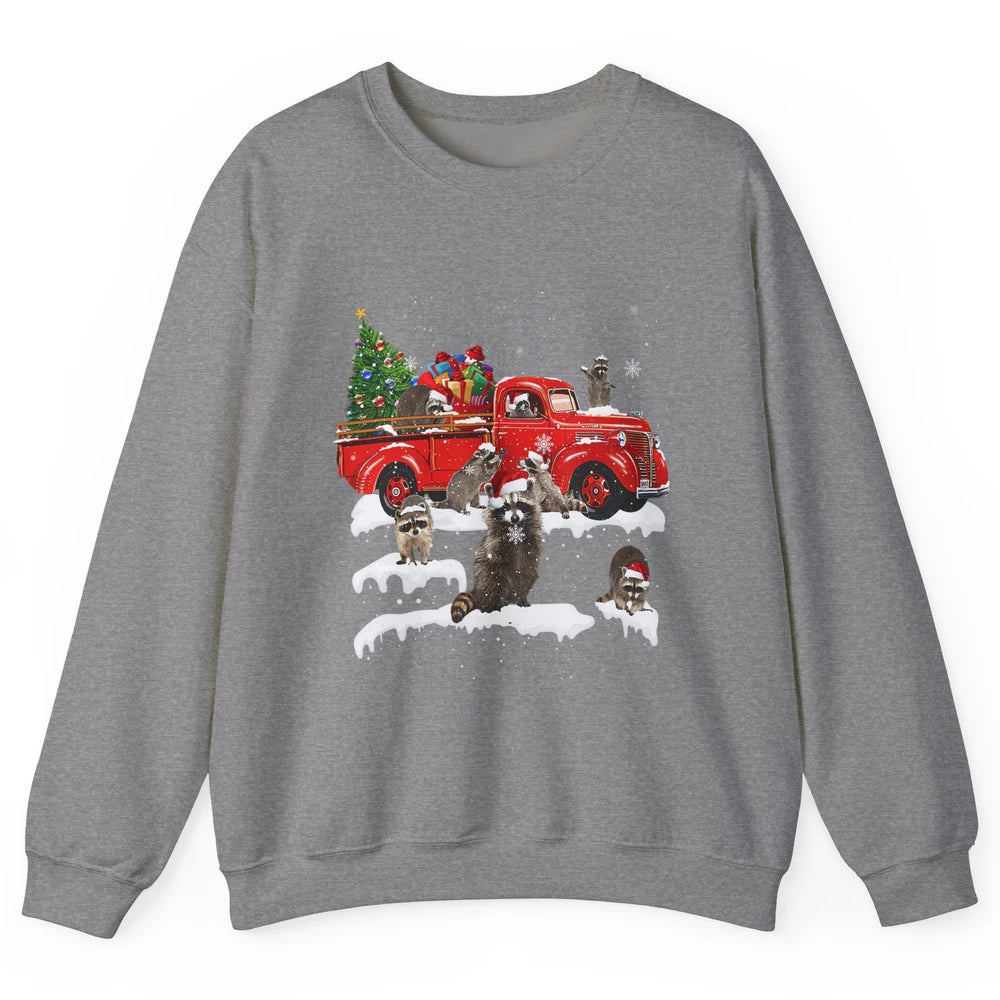 Funny Red Truck Raccoon Xmas Tree Lights Merry Christmas Unisex Crewneck Sweatshirt