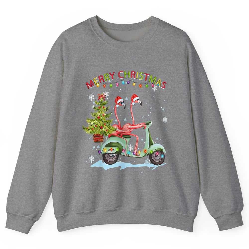 Merry Christmas Flamingos Santa Hat Xmas Lights Motorbike Unisex Crewneck Sweatshirt