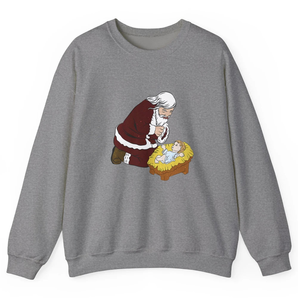 Merry Christmas Kneeling Santa Claus With Baby Jesus Xmas Unisex Crewneck Sweatshirt