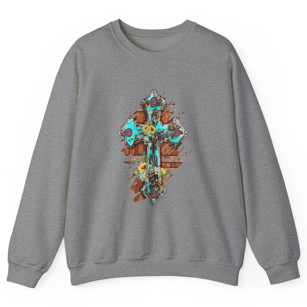 Western Country Boho Christian Turquoise Leopard Faith Cross Unisex Crewneck Sweatshirt