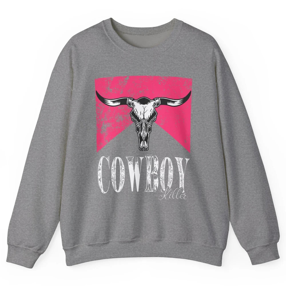 Western Cowboy Bull Skull Pink Southern Country Killer Retro Unisex Crewneck Sweatshirt