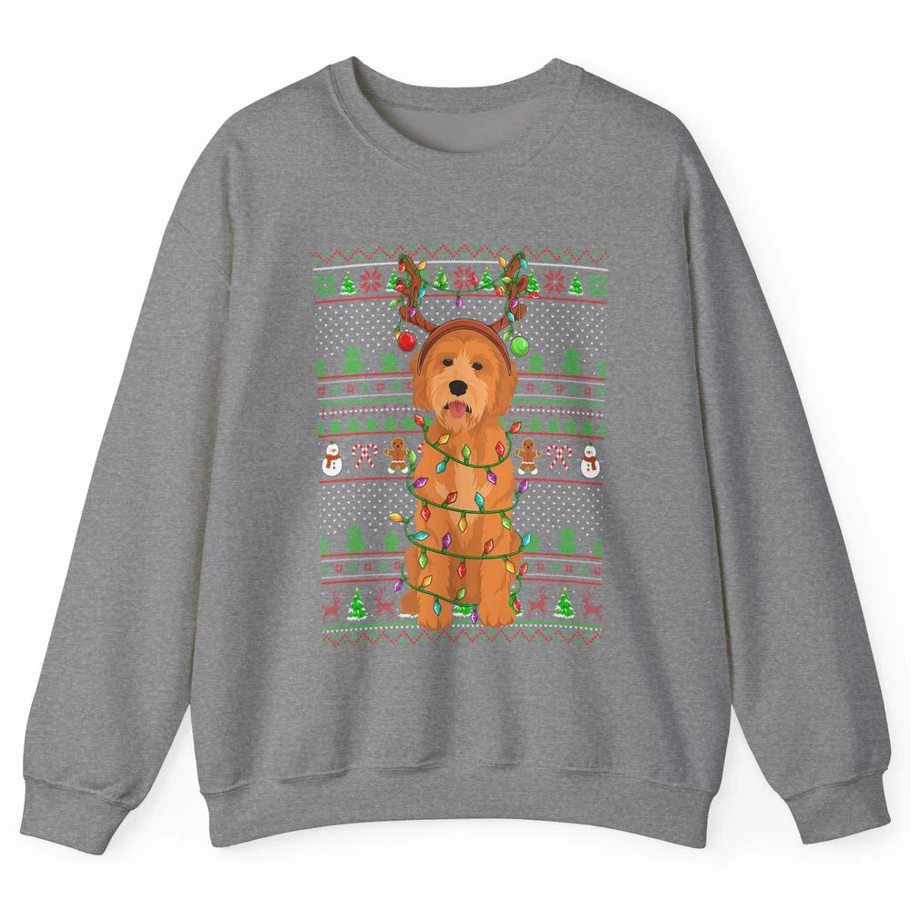 Merry Christmas Golden Doodle Dog Reindeer Xmas Lights Ugly Unisex Crewneck Sweatshirt