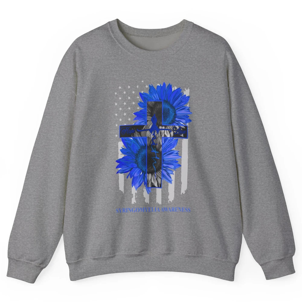 Syringomyelia Awareness Faith Hope Love Blue Ribbon US Flag Unisex Crewneck Sweatshirt