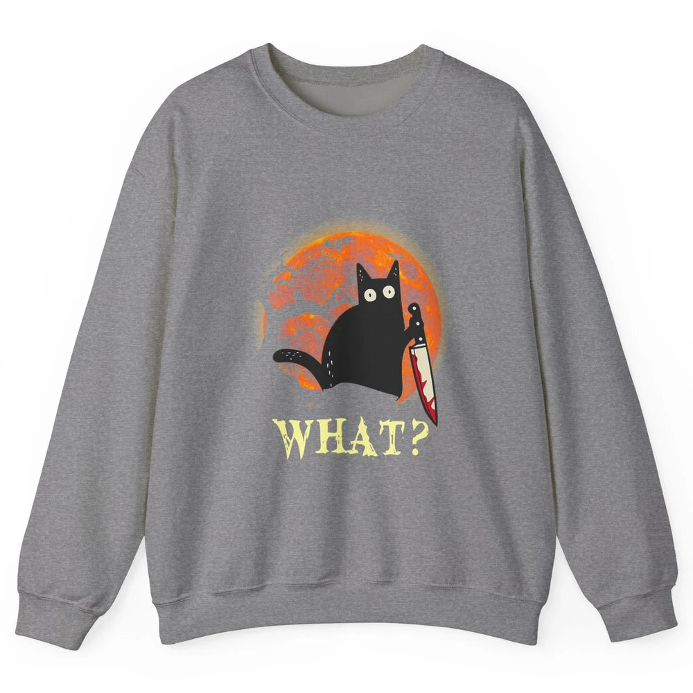 Black Cat With Knife Murderous Cat What Halloween Night Moon Unisex Crewneck Sweatshirt