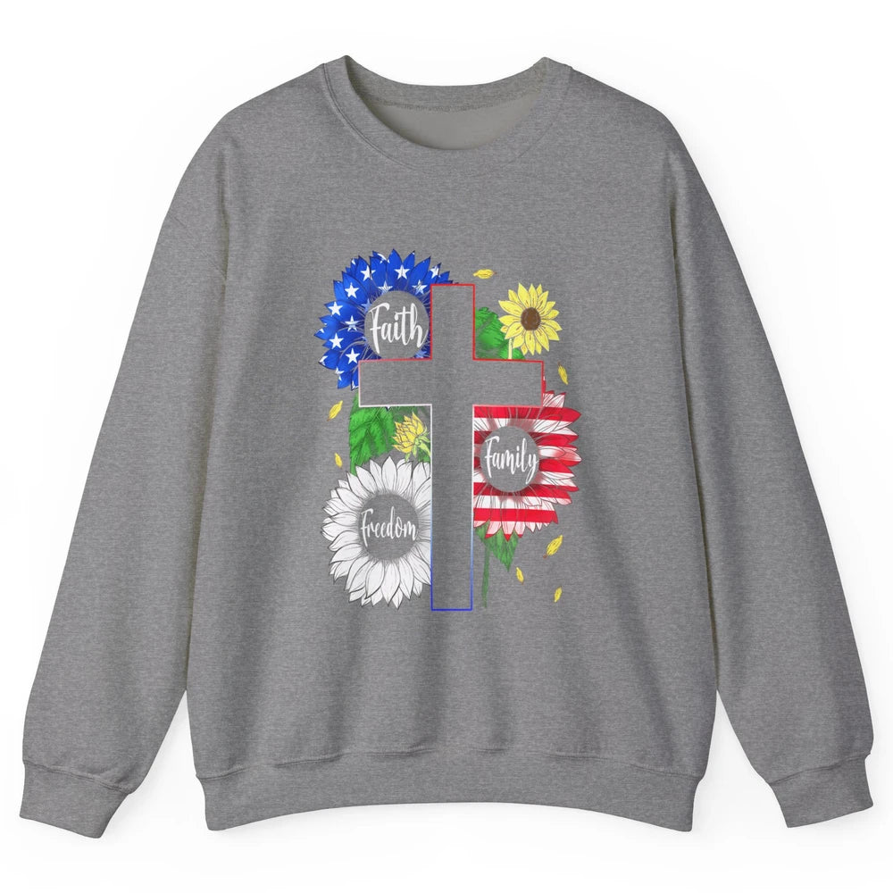 4th July American Flag Cross Faith Family Freedom Christian Unisex Crewneck Sweatshirt