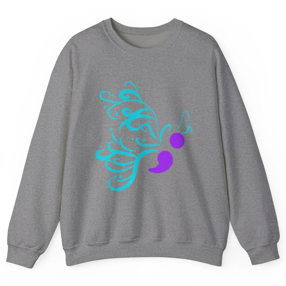 Semicolon Butterfly Teal Warrior Suicide Prevention Month Unisex Crewneck Sweatshirt