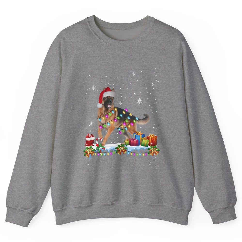 Merry Christmas German Shepherd Dog Santa Hat Xmas Lights Unisex Crewneck Sweatshirt