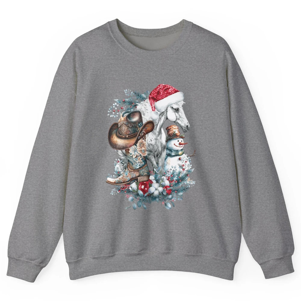 Merry Christmas Horse Santa Hat Cowgirl Cowboy Boots Xmas Unisex Crewneck Sweatshirt