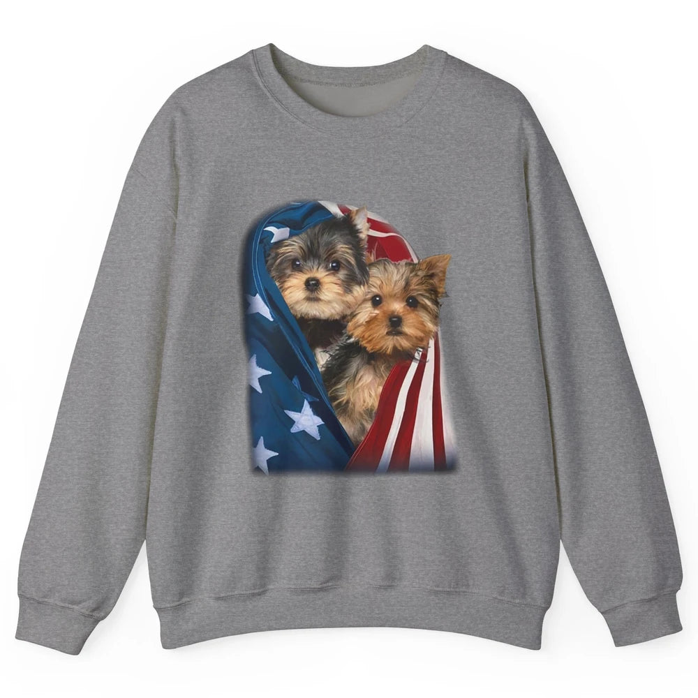 Yorkshire Terrier US Flag July 4th Patriotic Yorkie Puppies Unisex Crewneck Sweatshirt