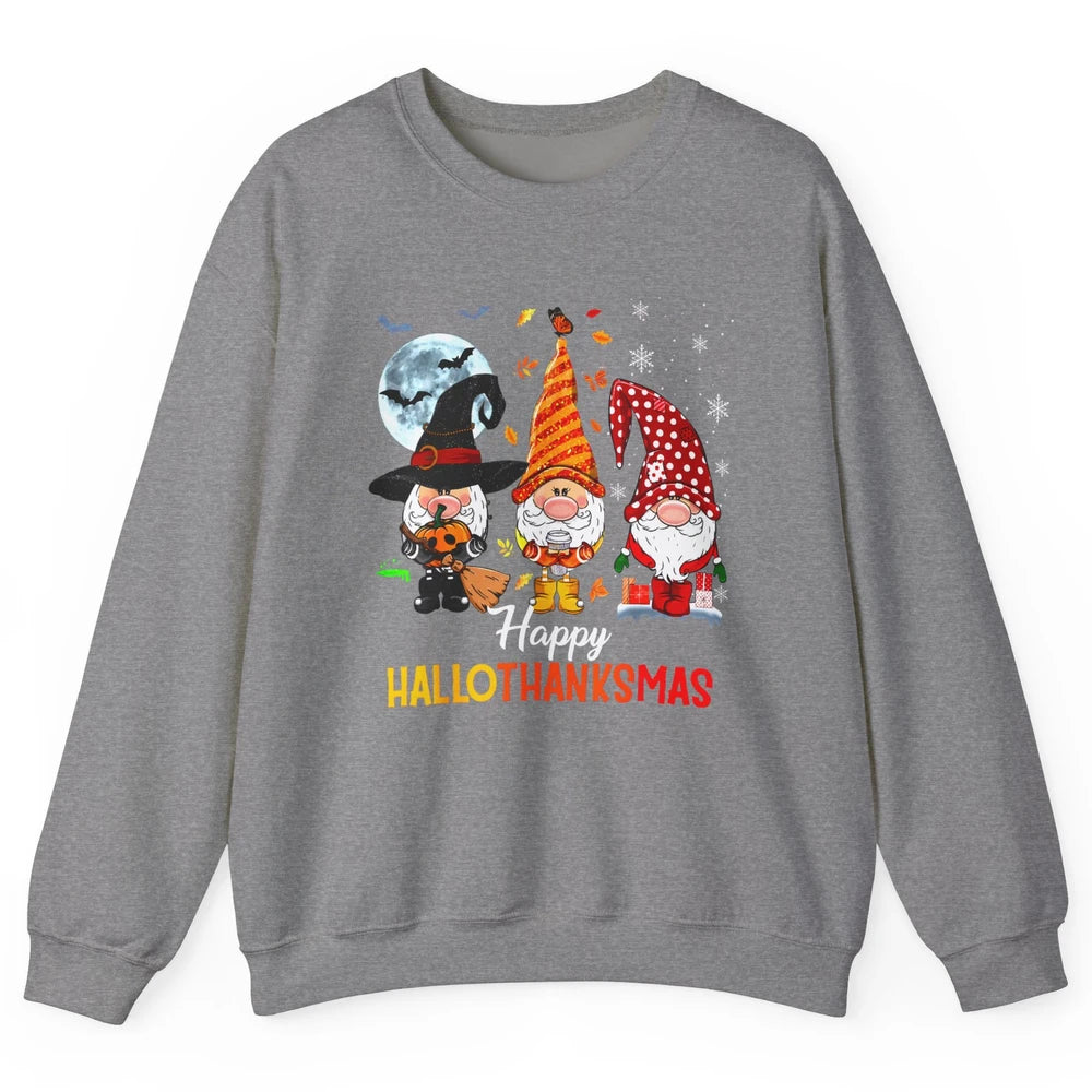 Funny Pumpkin Gnomes Hallo-thank-mas Thanksgiving Christmas Unisex Crewneck Sweatshirt