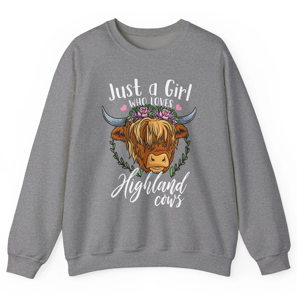 Vintage Just Girl Loves Highland Cow Floral Western Animal Unisex Crewneck Sweatshirt