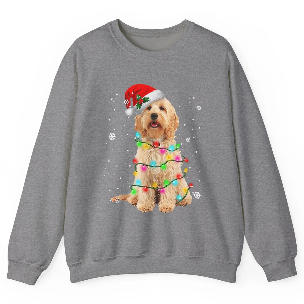 Merry Christmas Golden Doodle Dog Santa Hat Xmas Tree Lights Unisex Crewneck Sweatshirt