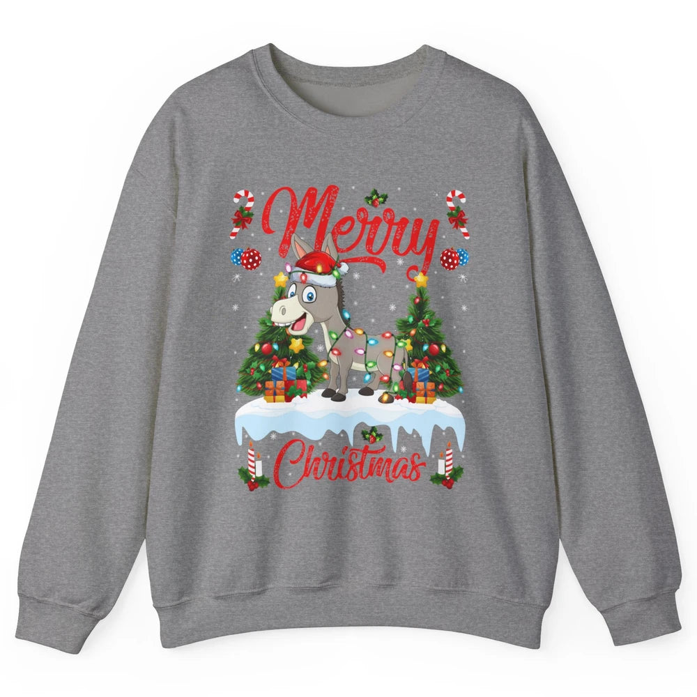 Merry Christmas Donkey Santa Claus Hat Xmas Tree Lights Snow Unisex Crewneck Sweatshirt