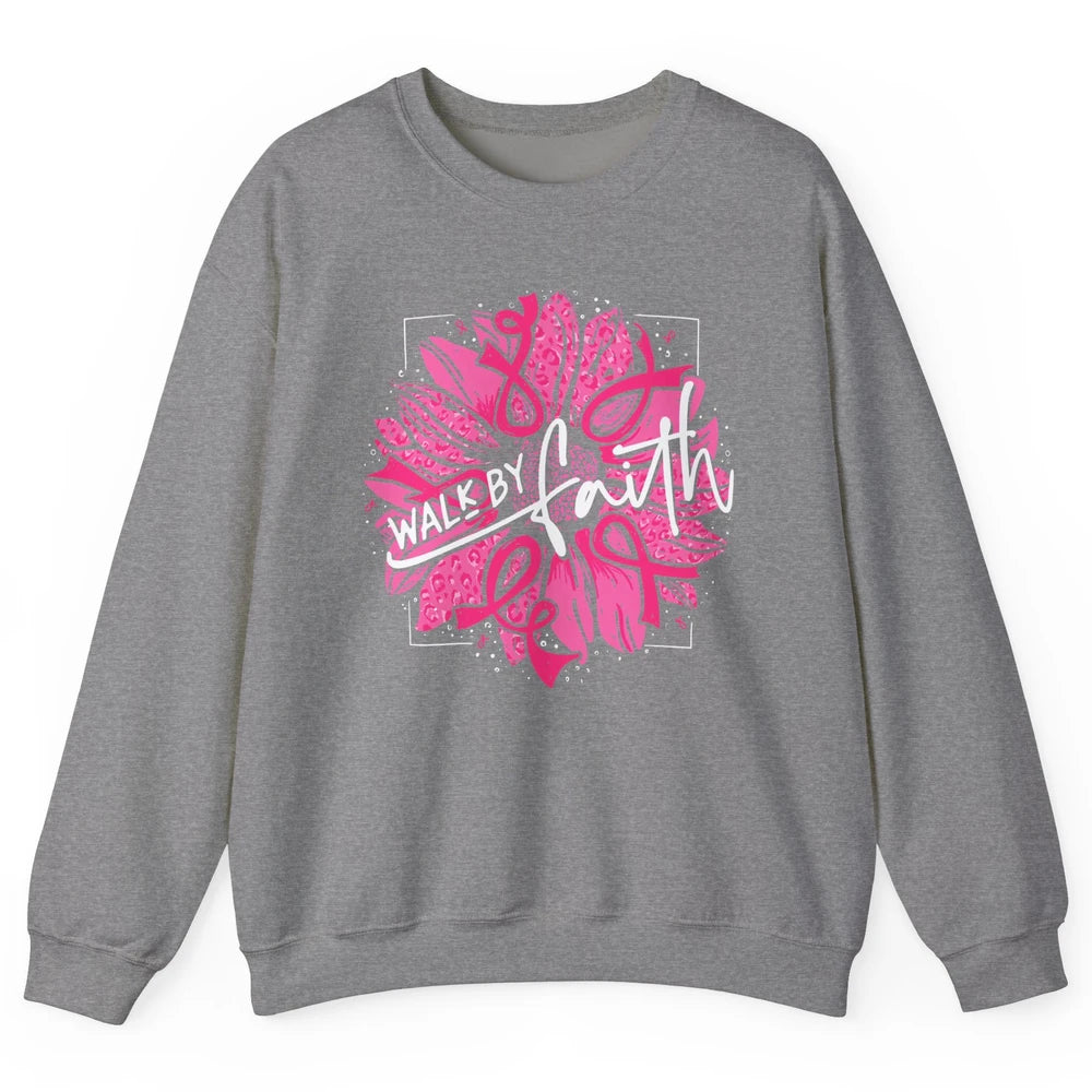 Walk By Faith Breast Cancer Awareness Pink Ribbon Sunflower Unisex Crewneck Sweatshirt