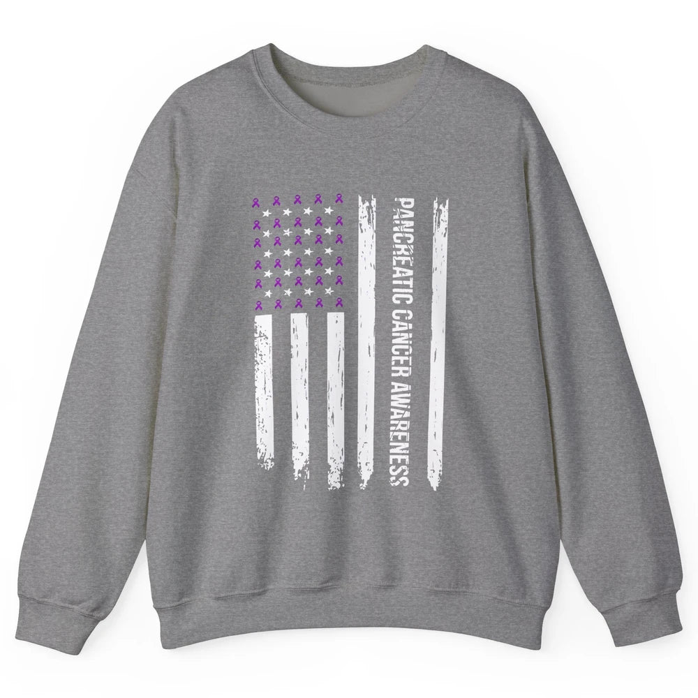 Vintage Pancreatic Cancer Awareness USA Flag Purple Ribbon Unisex Crewneck Sweatshirt