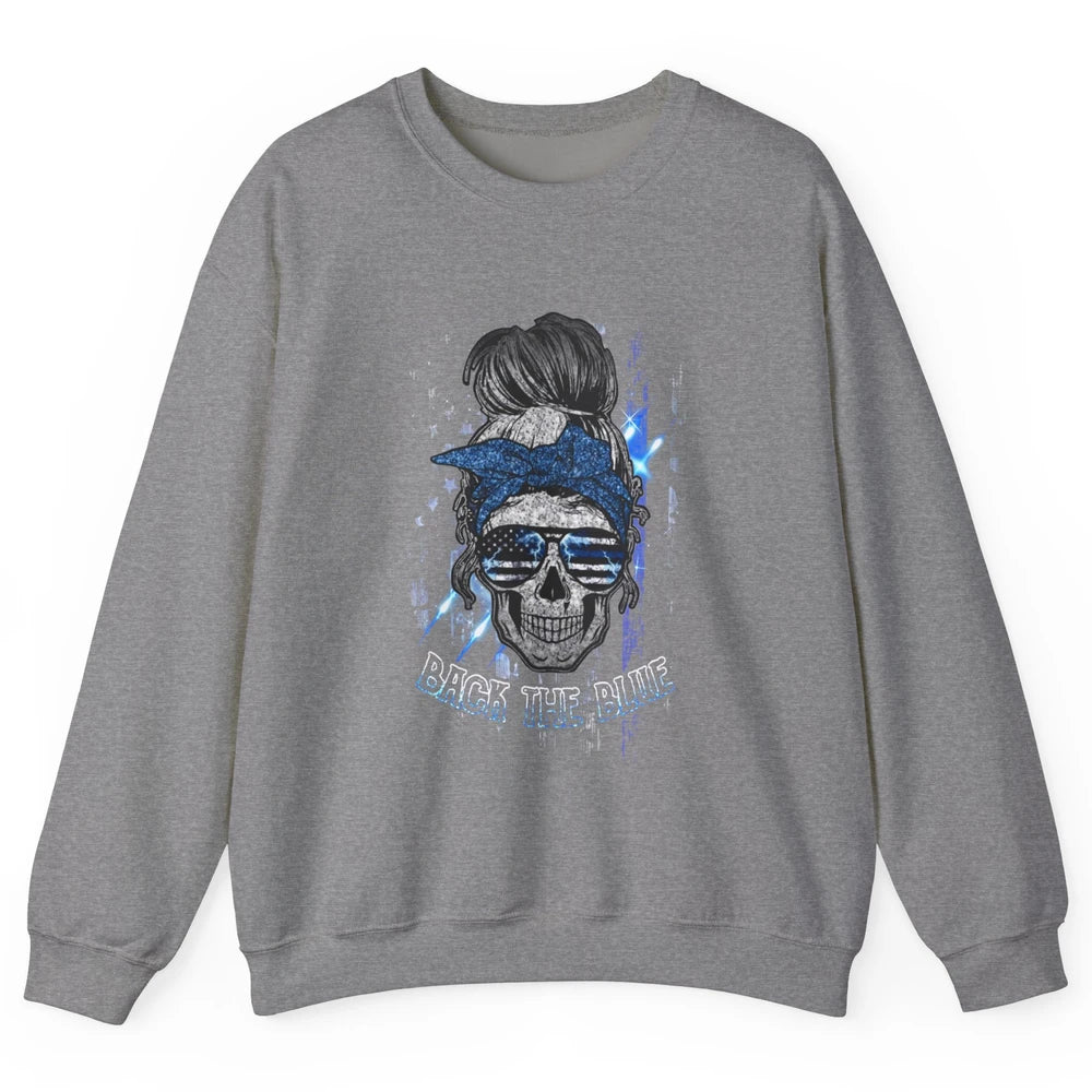 Back The Blue Police American Flag Skull Lady 4th of July Unisex Crewneck Sweatshirt