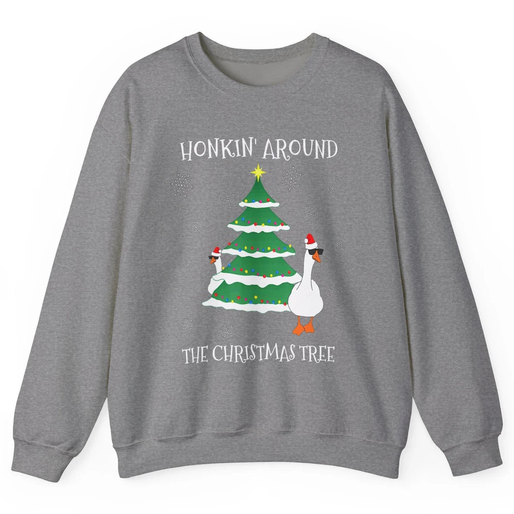 Merry Christmas Cute Geese Honking Around Xmas Tree Goose Unisex Crewneck Sweatshirt