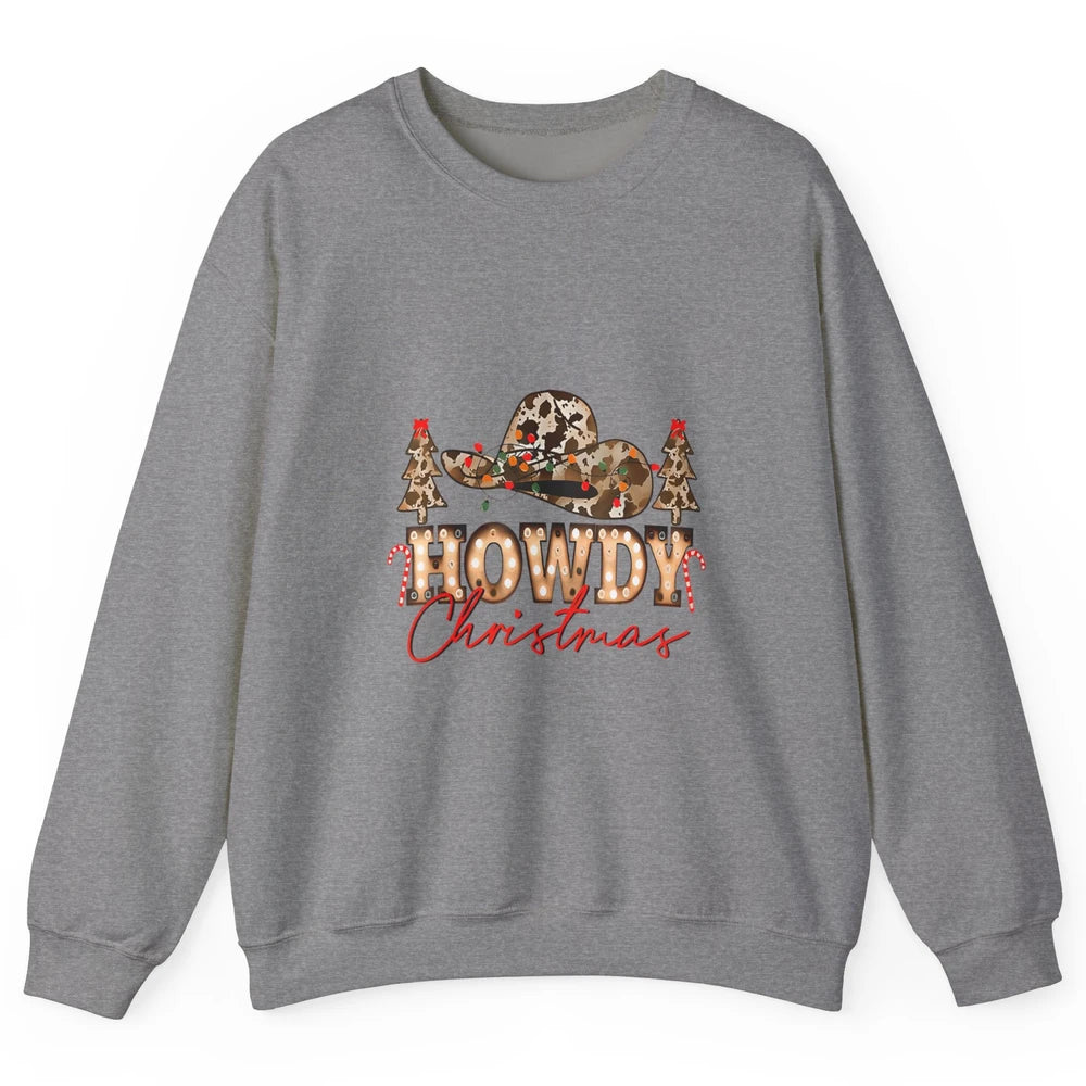 Merry Christmas Howdy Xmas Pine Trees Leopard Cowboy Hat Unisex Crewneck Sweatshirt