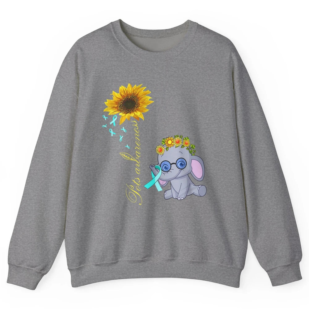 Sunflower Baby Elephant POTS Awareness Turquoise Ribbon Gift Unisex Crewneck Sweatshirt