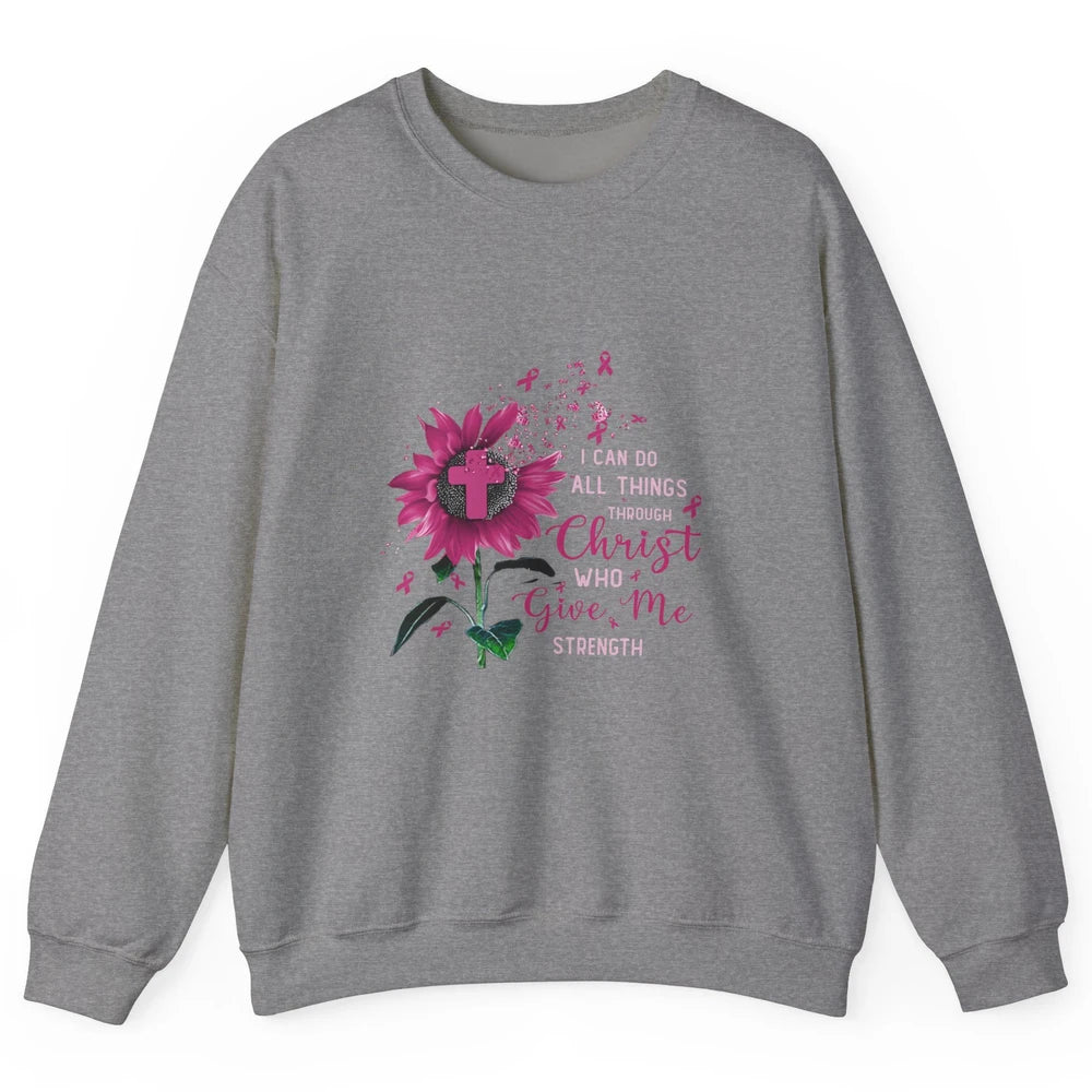 Breast Cancer Month Sunflower God Strength Cross Pink Ribbon Unisex Crewneck Sweatshirt